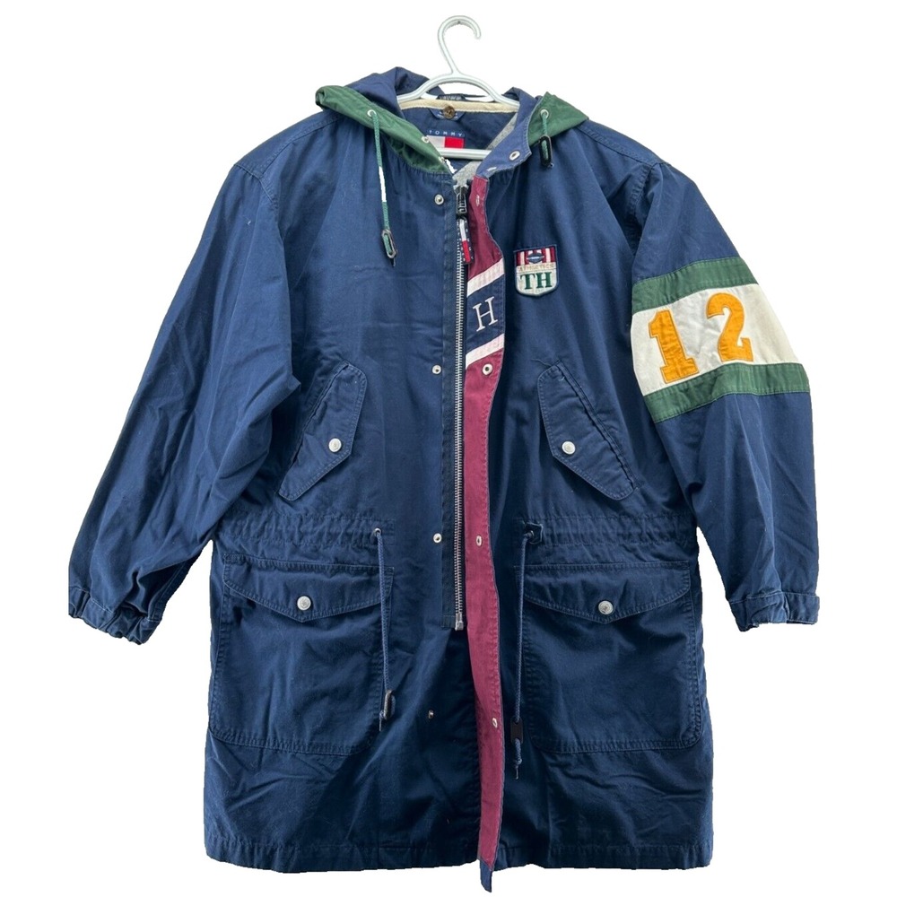 VTG Tommy Hilfiger Athletics Oversized Rain Jakcet Coat Hooded Mens Medium FLAW